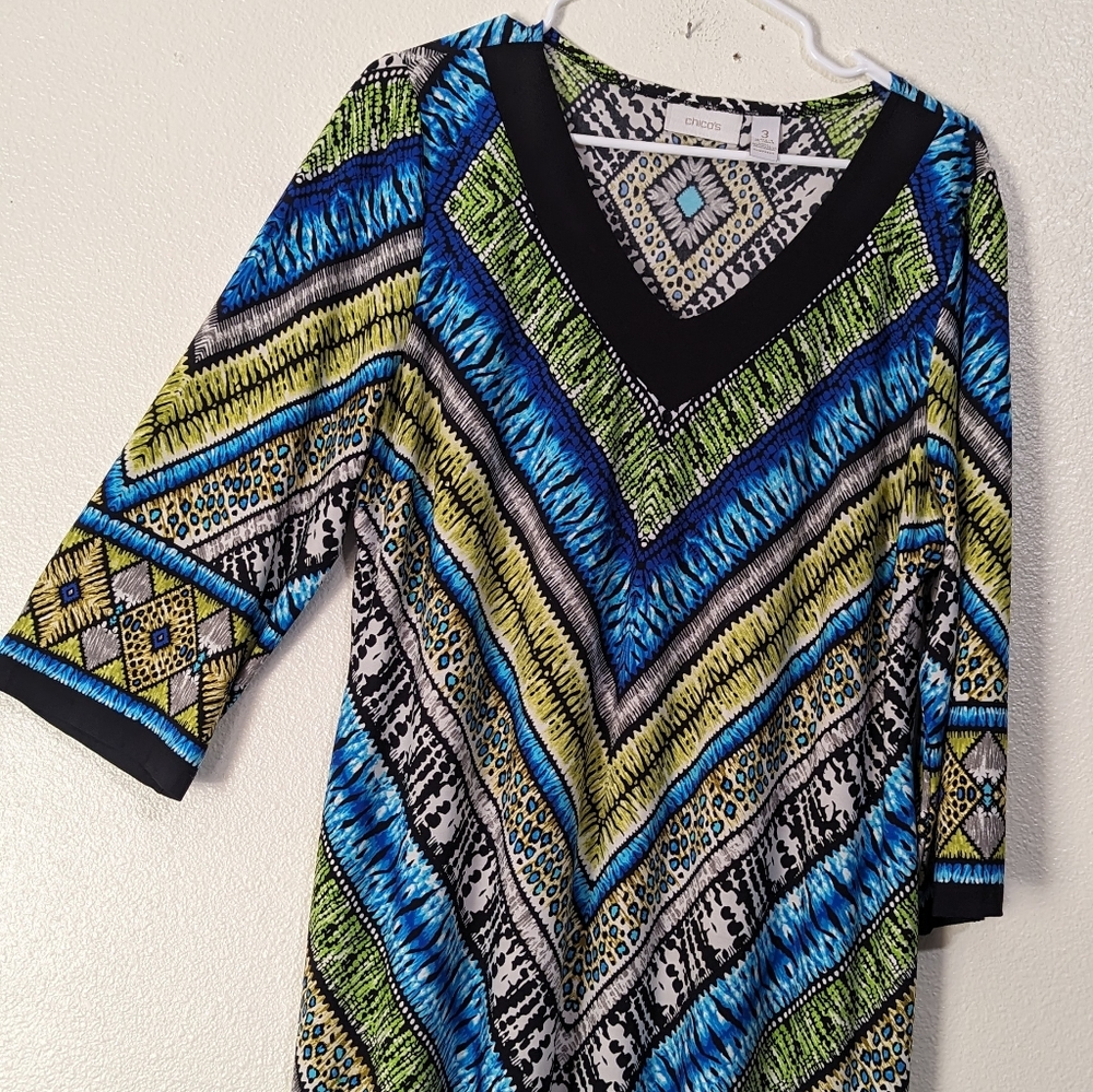 CHICO'S Size 3 Midi Shift Dress Knee Length V-neck Colorful Multicolored - Picture 2 of 9